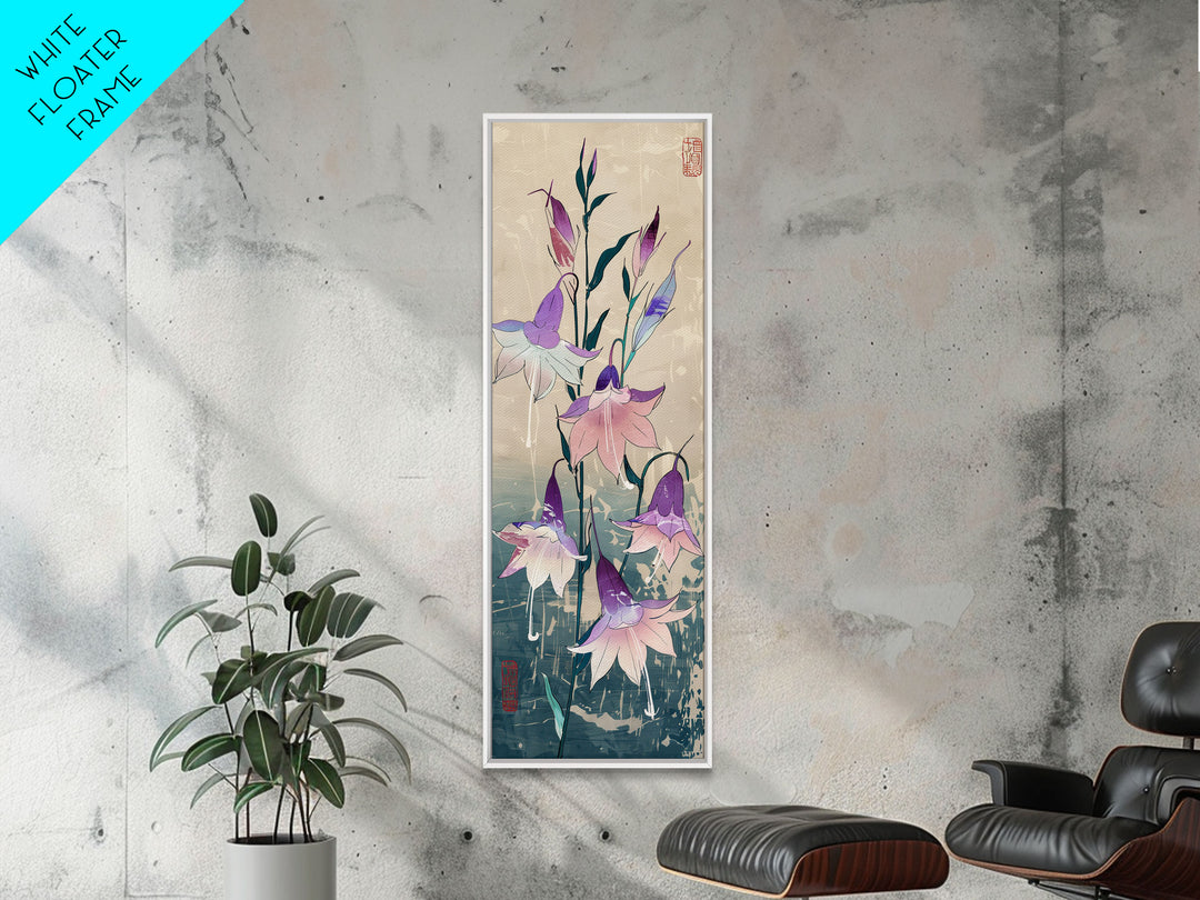 Tall Art Featuring Elegant Bellflowers In Soft Purples And Pinks Against A Muted Background, Skinny Art, Japanese Style Art, Ukiyo-e Art, Framed Canvas Print, Wood Block Print