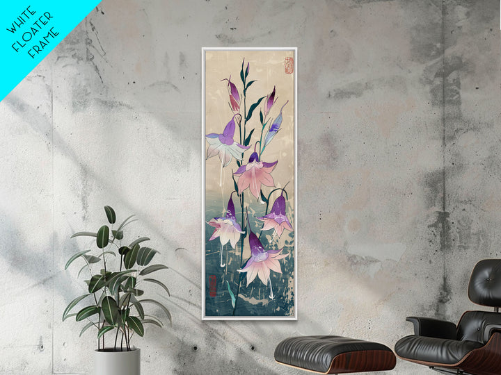 Tall Art Featuring Elegant Bellflowers In Soft Purples And Pinks Against A Muted Background, Skinny Art, Japanese Style Art, Ukiyo-e Art, Framed Canvas Print, Wood Block Print