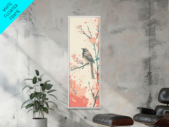 Perched Bird Among Blossoming Cherry Branches – Framed Canvas Print With Skinny Art And Tall Art Inspired By Ukiyo-E Art And Japanese Style Art
