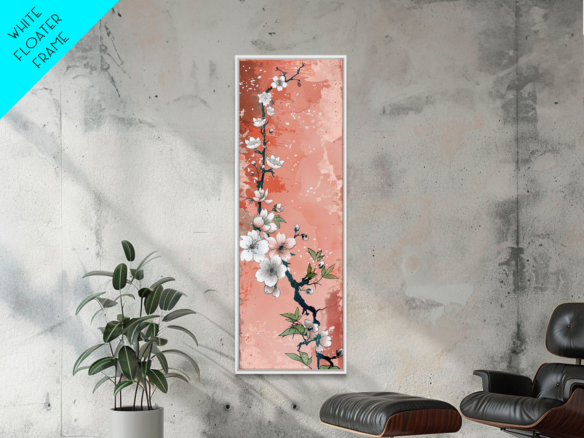 Skinny Art Tall Art Cherry Blossoms Wood Block Print Japanese Style Art With Delicate Branches On Soft Pink Background Framed Canvas Print