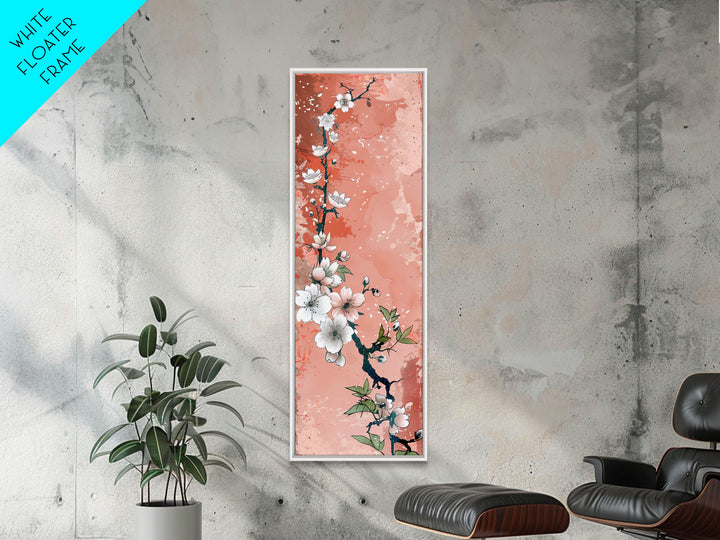 Skinny Art Tall Art Cherry Blossoms Wood Block Print Japanese Style Art With Delicate Branches On Soft Pink Background Framed Canvas Print