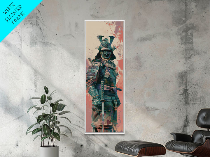 Skinny Art Tall Art Samurai Armor Wood Block Print Japanese Style Art Featuring Fierce Warrior In Full Battle Gear Framed Canvas Print