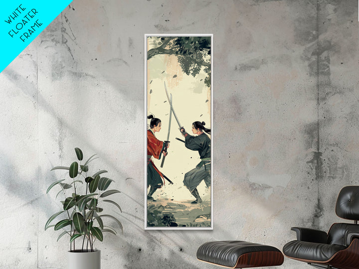 Skinny Art Tall Art Samurai Duel Wood Block Print Japanese Style Art Intense Battle Between Two Warriors Framed Canvas Print