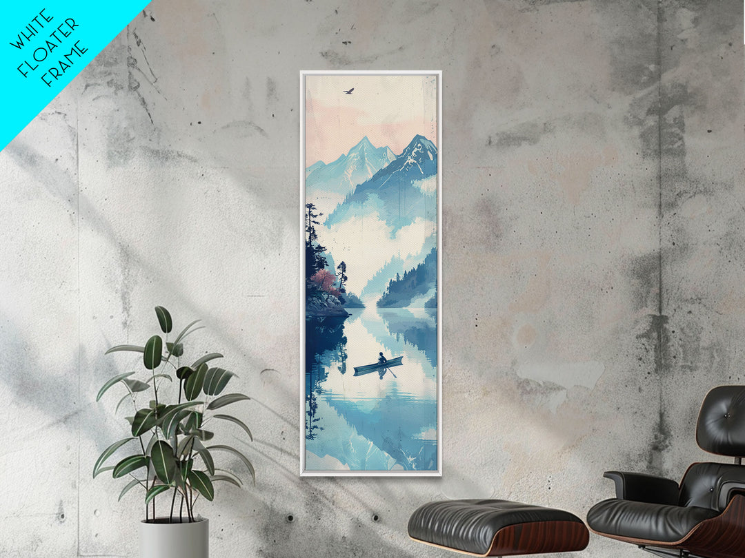 Serene Rowboat On A Misty Lake With Mountains – Framed Canvas Print Showcasing Skinny Art With Ukiyo-E Art And Japanese Style Art Tall Art