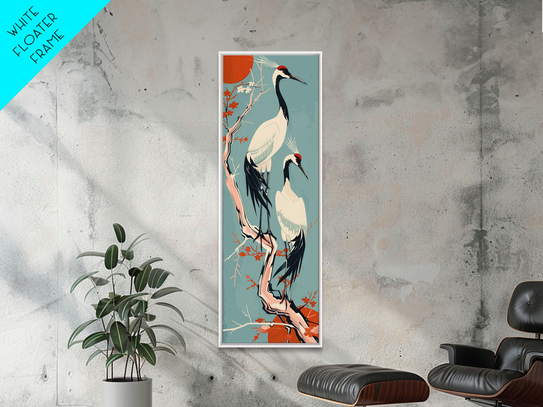 Pair Of Cranes Perched On Branch Against Orange Sun Background Skinny Art Wood Block Print Framed Canvas Print