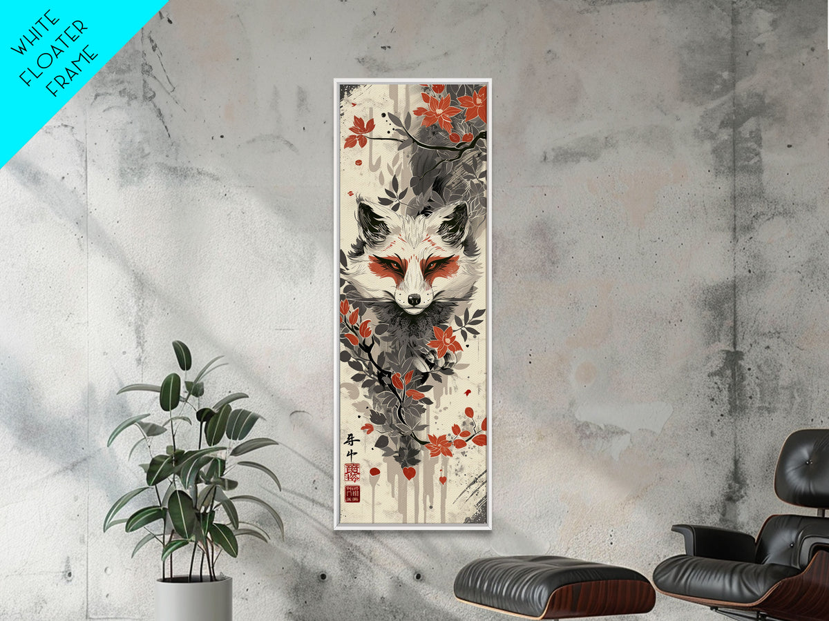 Fox Head Amidst Red Flowers On Textured Background Skinny Art Wood Block Print Framed Canvas Print