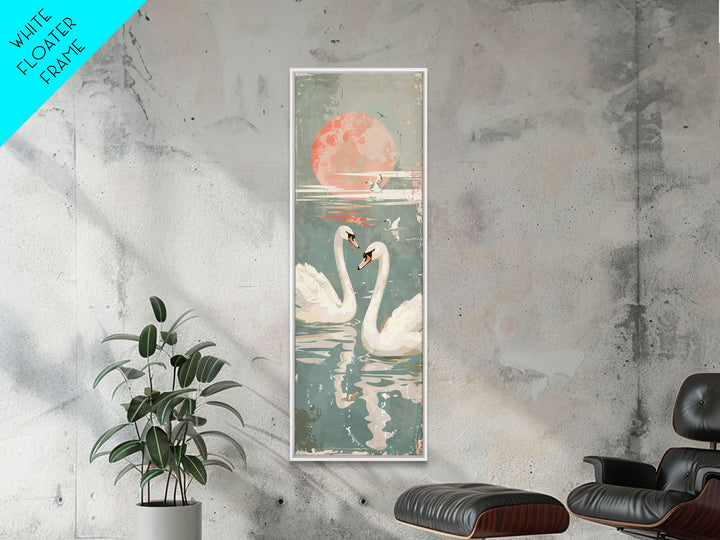 Graceful Swans With Peaceful Lake And Reflecting Sun Ukiyo-e Wood Block Skinny Tall Japanese Style Art Framed Canvas Print