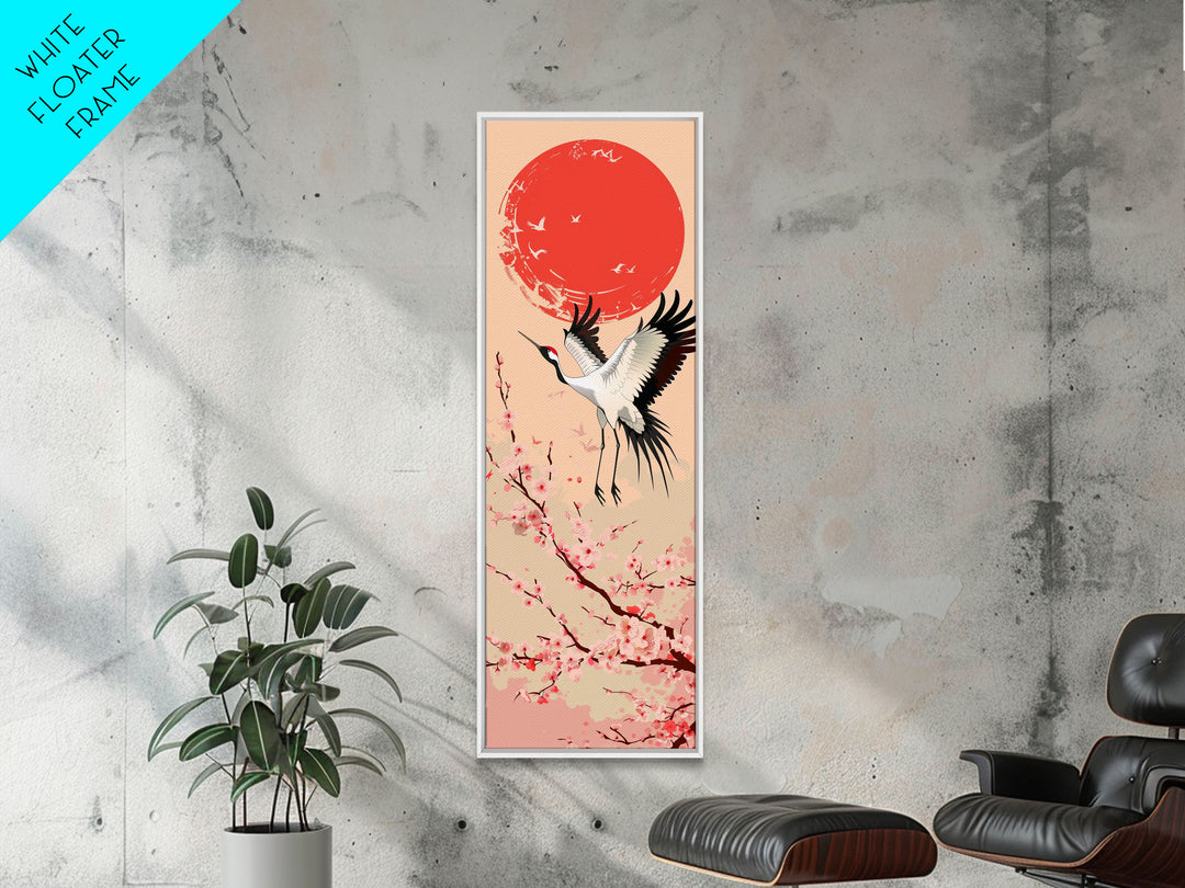 Elegant Crane Bird In Mid-flight Against Bold Red Sun Ukiyo-e Tall Skinny Wood Block Framed Canvas Print Japanese Style Art