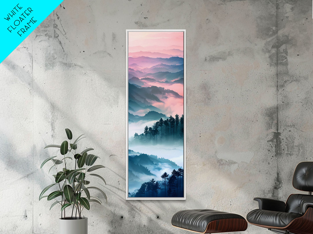 Dreamy Layers Of Misty Mountains At Dawn – Framed Canvas Print Skinny Art And Tall Art, Emphasizing Ukiyo-E Art And Japanese Style Art