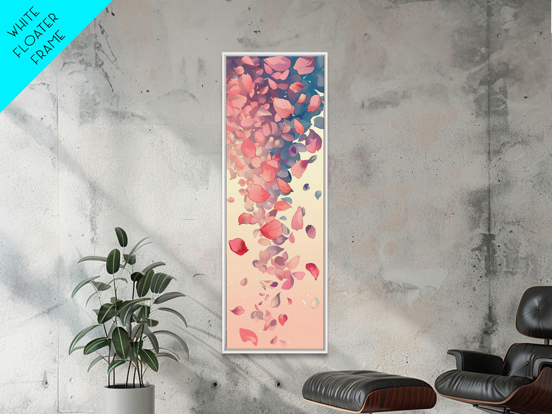 Cascading Pink Petals In Delicate Canvas, Tall Skinny Framed Wall Art For Feng Shui-Inspired Spaces, Japanese Style Art