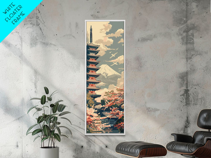 Japanese Pagoda With Mt Fuji And Cherry Blossoms – Framed Canvas Print Featuring Skinny Art Tall Art, Highlighting Ukiyo-E Art And Japanese Style Art