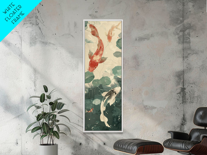 Koi Fish Swimming Among Lilypads In A Calm Pond – Framed Canvas Print Showcasing Skinny Art And Tall Art With Ukiyo-E Art And Japanese Style Art