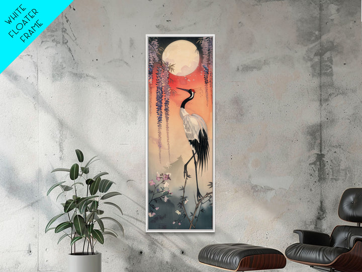 Japanese Crane With Moon And Wisteria - Skinny Art Tall Art Framed Canvas Print Japanese Style Art Ukiyo-e Art