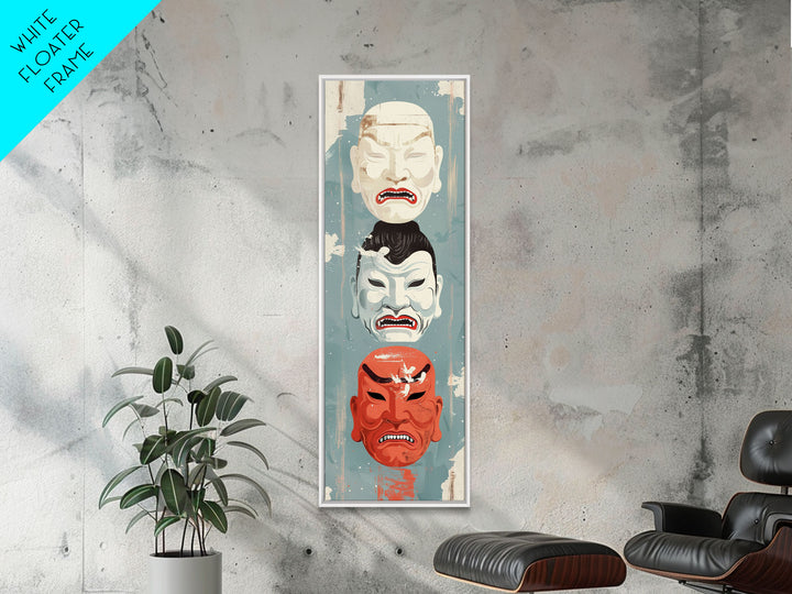 Japanese Masks In A Vertical Display - Skinny Art Tall Art Framed Canvas Print Japanese Style Art Ukiyo-e Art