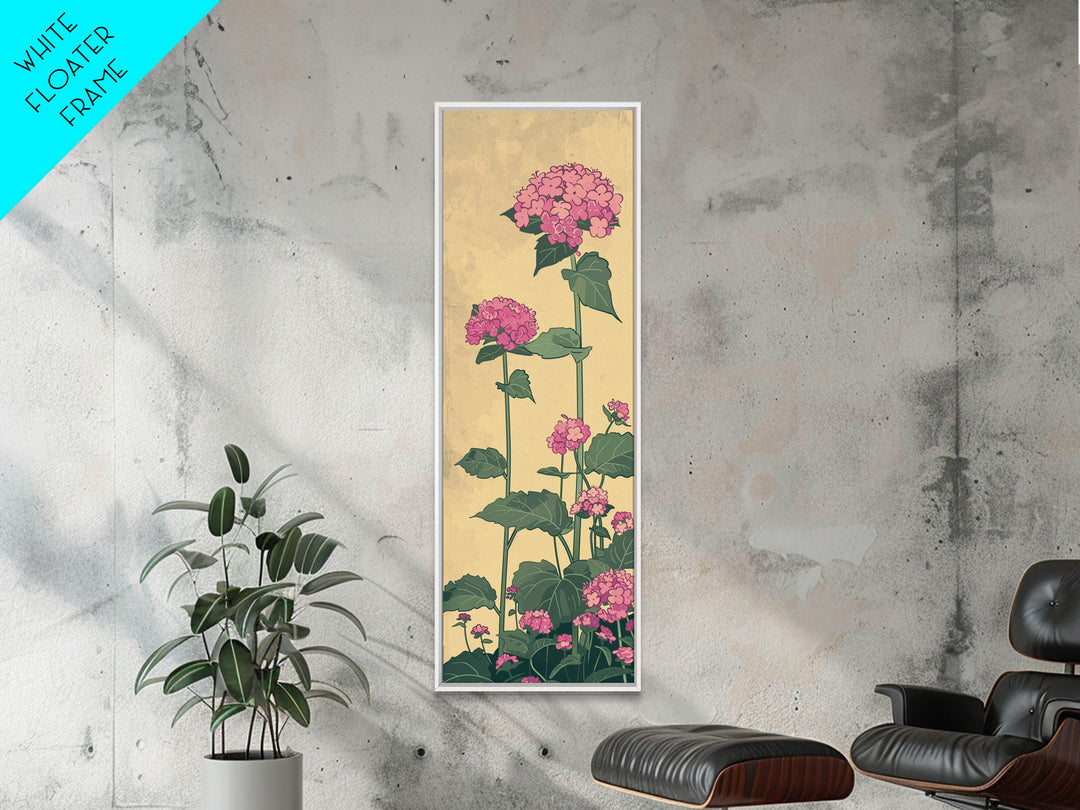 Pink Hydrangea Flowers In Bloom - Skinny Art Tall Art Framed Canvas Print Japanese Style Art Ukiyo-e Art