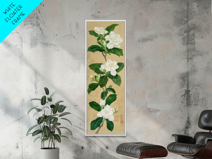 Magnolia Flowers On A Branch - Skinny Art Tall Art Framed Canvas Print Japanese Style Art Ukiyo-e Art