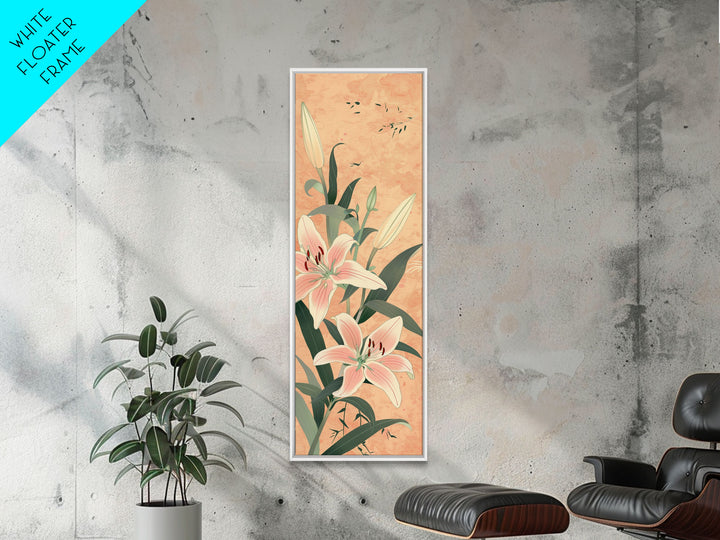 Delicate Lily Flowers Blooming In Japanese Style Ukiyo-e Art Framed Canvas Print Skinny Art Tall Art