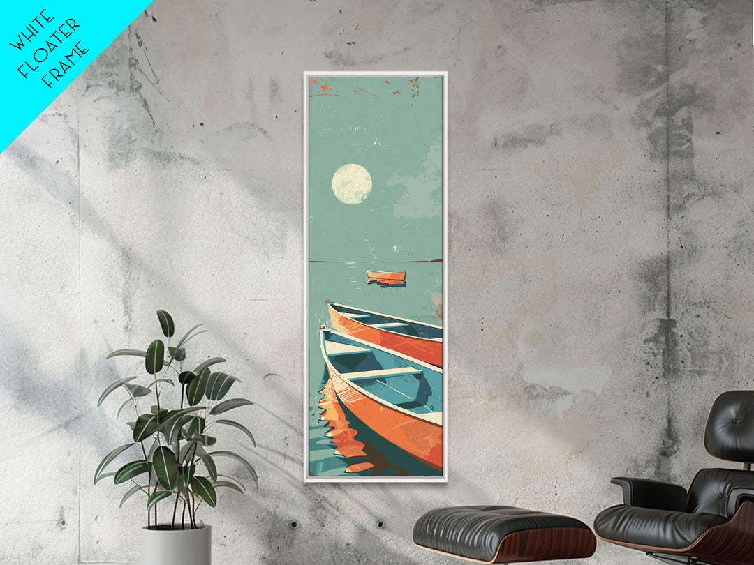 Moonlit Boats Drifting On Calm Waters In Japanese Style Ukiyo-e Art Framed Canvas Print Skinny Art Tall Art