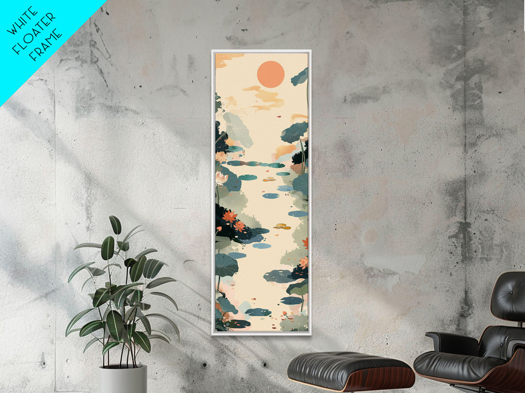 Tranquil Pond With Lotus Flowers And Leaves In Japanese Style Ukiyo-e Art Framed Canvas Print Skinny Art Tall Art