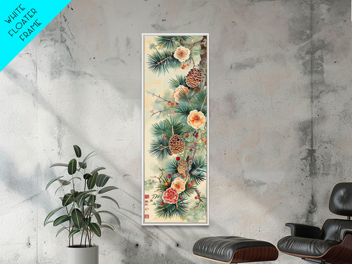Pine Tree Branches With Blossoms And Pine Cones In Japanese Style Ukiyo-e Art Framed Canvas Print Skinny Art Tall Art