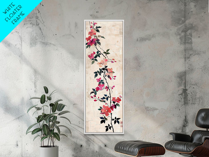 Pink Bougainvillea Vines On White Background Skinny Art Wood Block Print Japanese Style Art Framed Canvas Print Tall Art Ukiyo-e Art