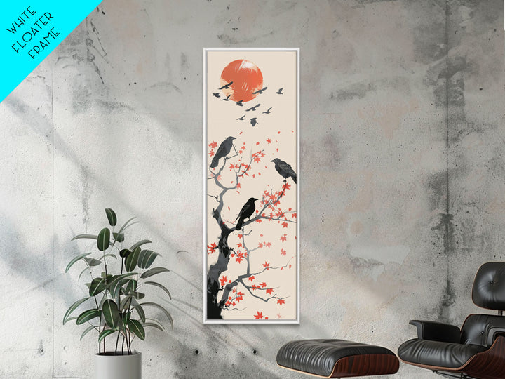 Crows On Bare Tree Branches Against Red Sun Skinny Art Wood Block Print Japanese Style Art Framed Canvas Print Tall Art Ukiyo-e Art