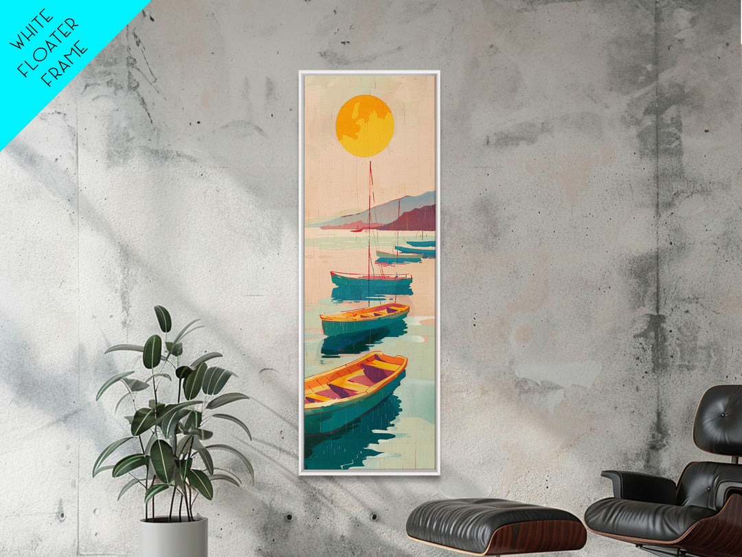 Rowboats And Golden Sun On Calm Water Skinny Art Wood Block Print Japanese Style Art Framed Canvas Print Tall Art Ukiyo-e Art
