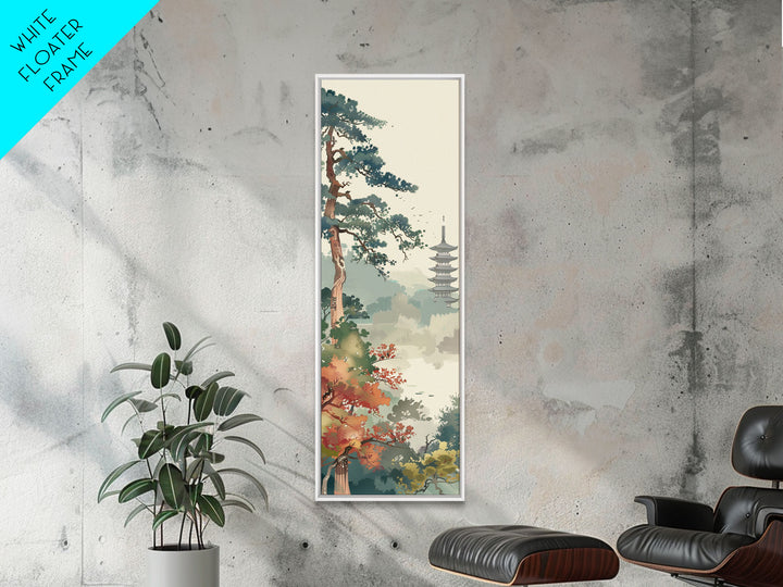 Pagoda And Pine Tree In Misty Landscape Skinny Art Wood Block Print Japanese Style Art Framed Canvas Print Tall Art Ukiyo-e Art