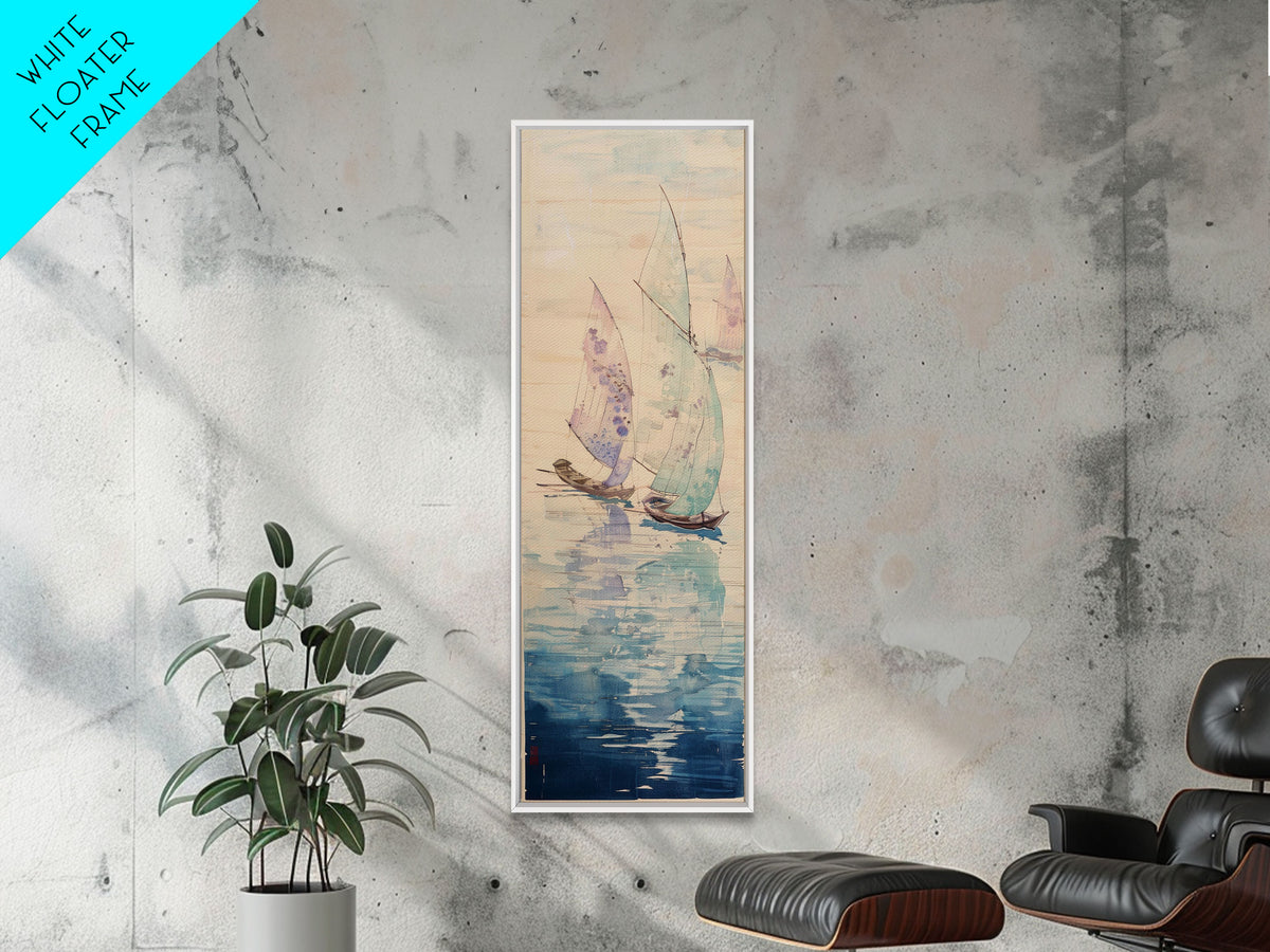 Sailboats On Calm Sea Canvas In Japanese Ukiyo-e Style, Traditional Woodblock Print, Framed Canvas Print, Tall Skinny Japanese Wall Art, Ready To Hang