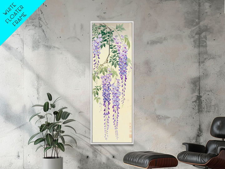 Cascading Wisteria Blossoms in Shades of Purple and Green - Skinny Art, Japanese Wall Decor, Framed Canvas Print, Ukiyo-e Style