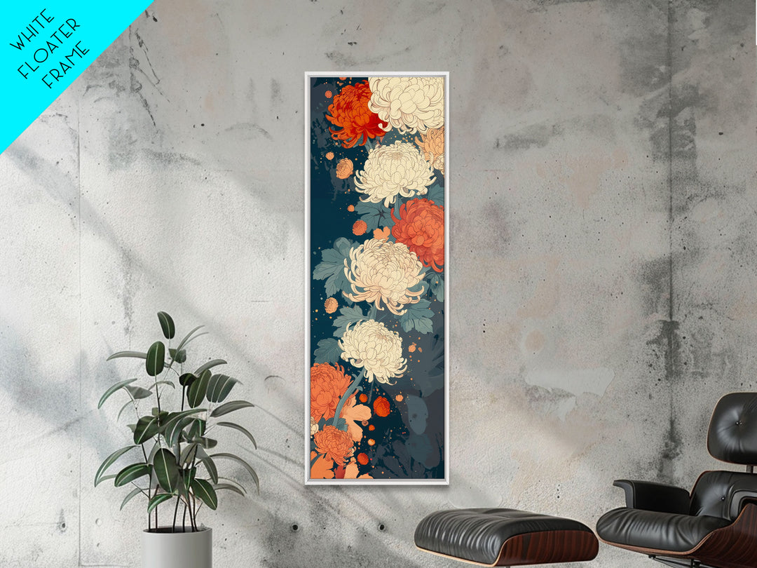 Blooming Chrysanthemums in Rich Autumn Colors - Skinny Art, Japanese Wall Decor, Framed Canvas Print, Ukiyo-e Style