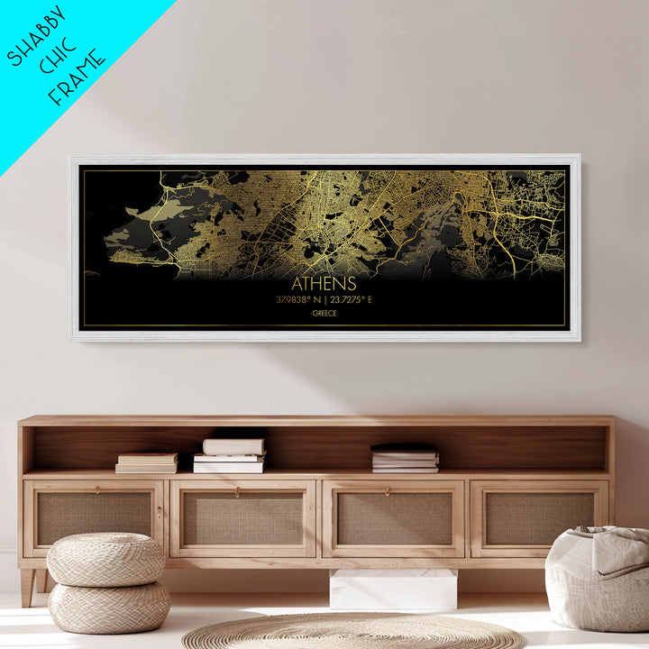 Athens Greece City street map, Panoramic art, black and gold, Metallic Gold Print, Metal Art, real wood frames, Housewarming Gift