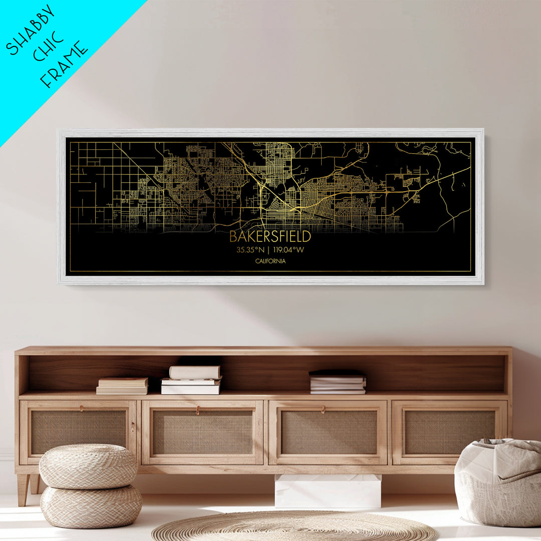 Bakersfield California City street map, Panoramic art, black and gold, Metallic Gold Print, Metal Art, real wood frames, Best Friend Gifts