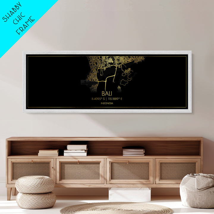 Bali Indonesia City Poster, Panoramic street map, black and gold, Metallic Gold Art, Metal Art, wood framed map, Gold Street Map Art