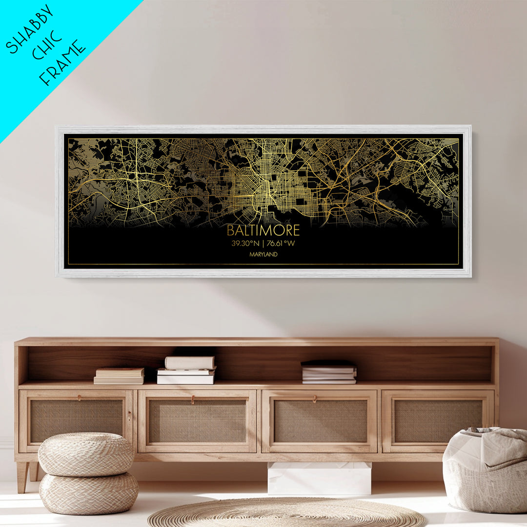 Baltimore Maryland City street map, Panoramic art, black and gold, Metallic Gold Print, Metal Art, real wood frames, Modern Wall Art