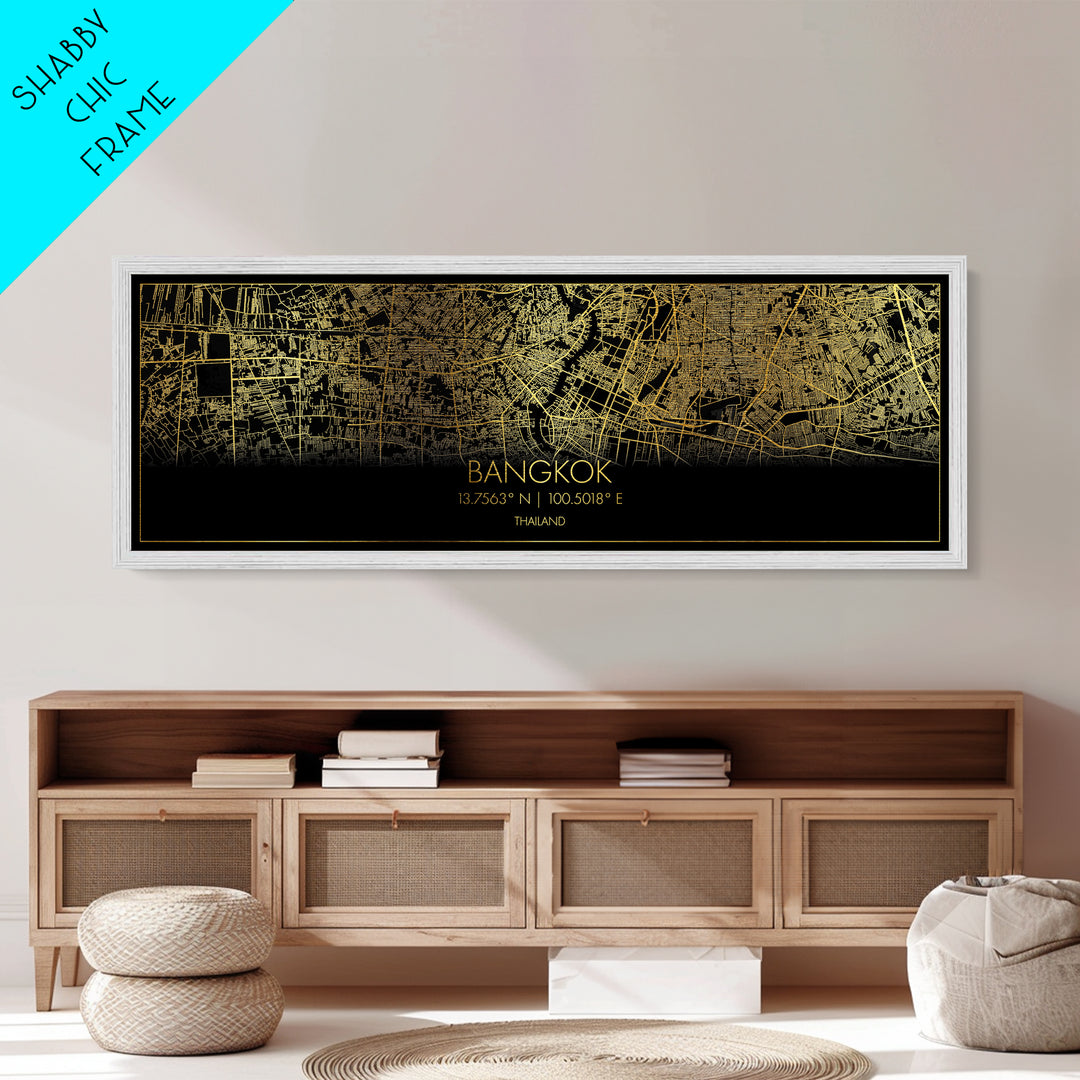 Bangkok Thailand City Poster, Panoramic street map, black and gold, Metallic Gold Art, Metal Art, wood framed map, Metallic Gold Foil  Art