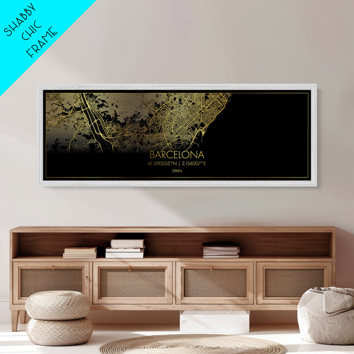 Barcelona Spain City street map, Panoramic art, black and gold, Metallic Gold Print, Metal Art, real wood frames, Modern Wall Art