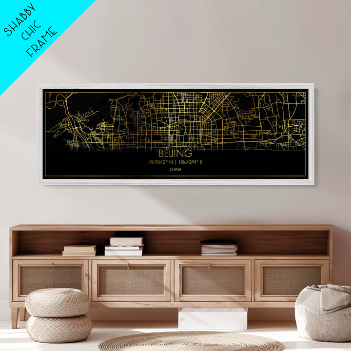 Beijing China map, Panoramic art, black and gold, Metallic Gold Print, Metal Art, real wood frames, College Dorm Décor, Best Friend Gifts