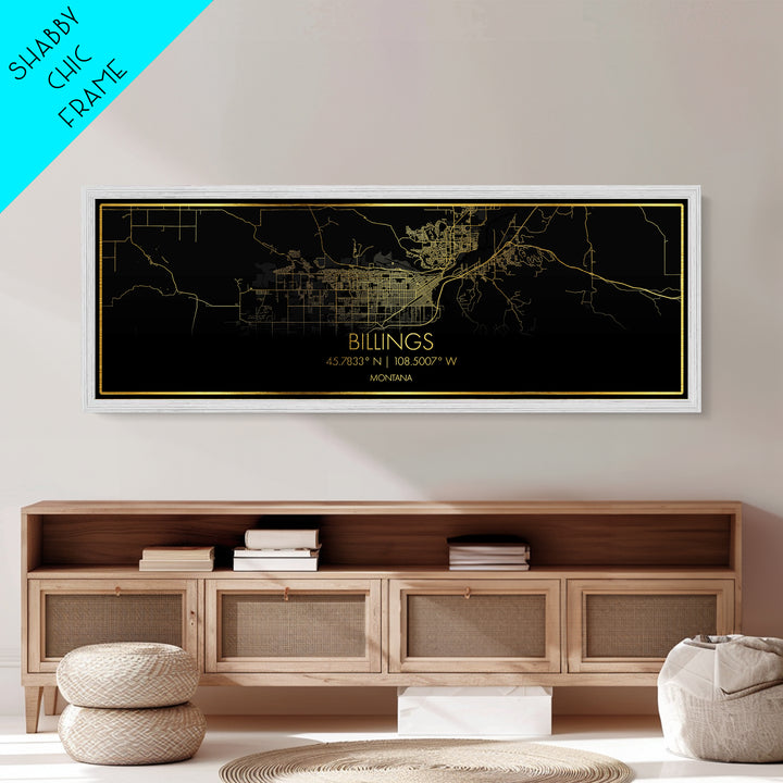 Billings Montana City street map, Panoramic art, black and gold, Metallic Gold Print, Metal Art, real wood frames, Map Print Poster