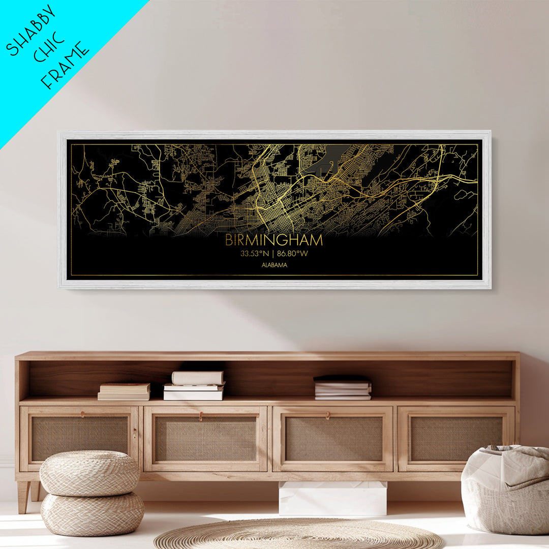 Birmingham Alabama City Poster, Panoramic street map, black and gold, Metallic Gold Art, Metal Art, wood framed map, Housewarming Gift