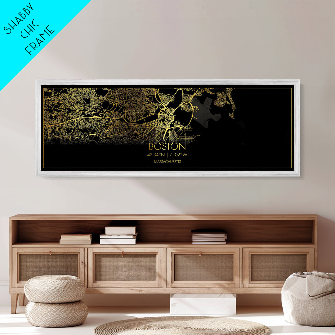 Boston Massachusetts map, Panoramic art, black and gold, Metallic Gold Print, Metal Art, real wood frames, Wall Art, Housewarming Gift