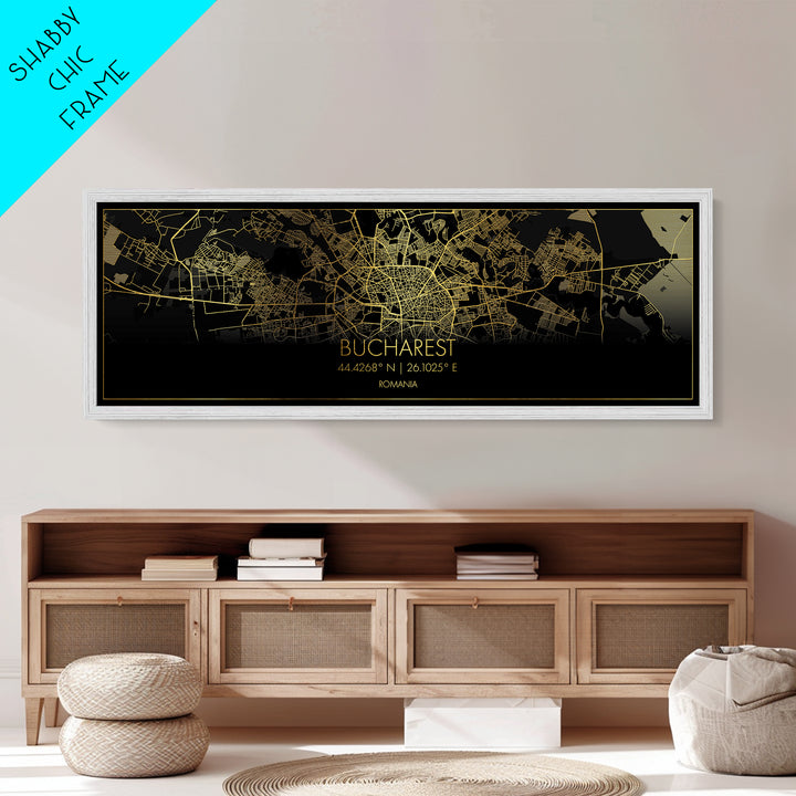 Bucharest Romania Poster, Panoramic street map, black and gold, Metallic Gold Art, Metal Art, wood framed map, Map Print Poster