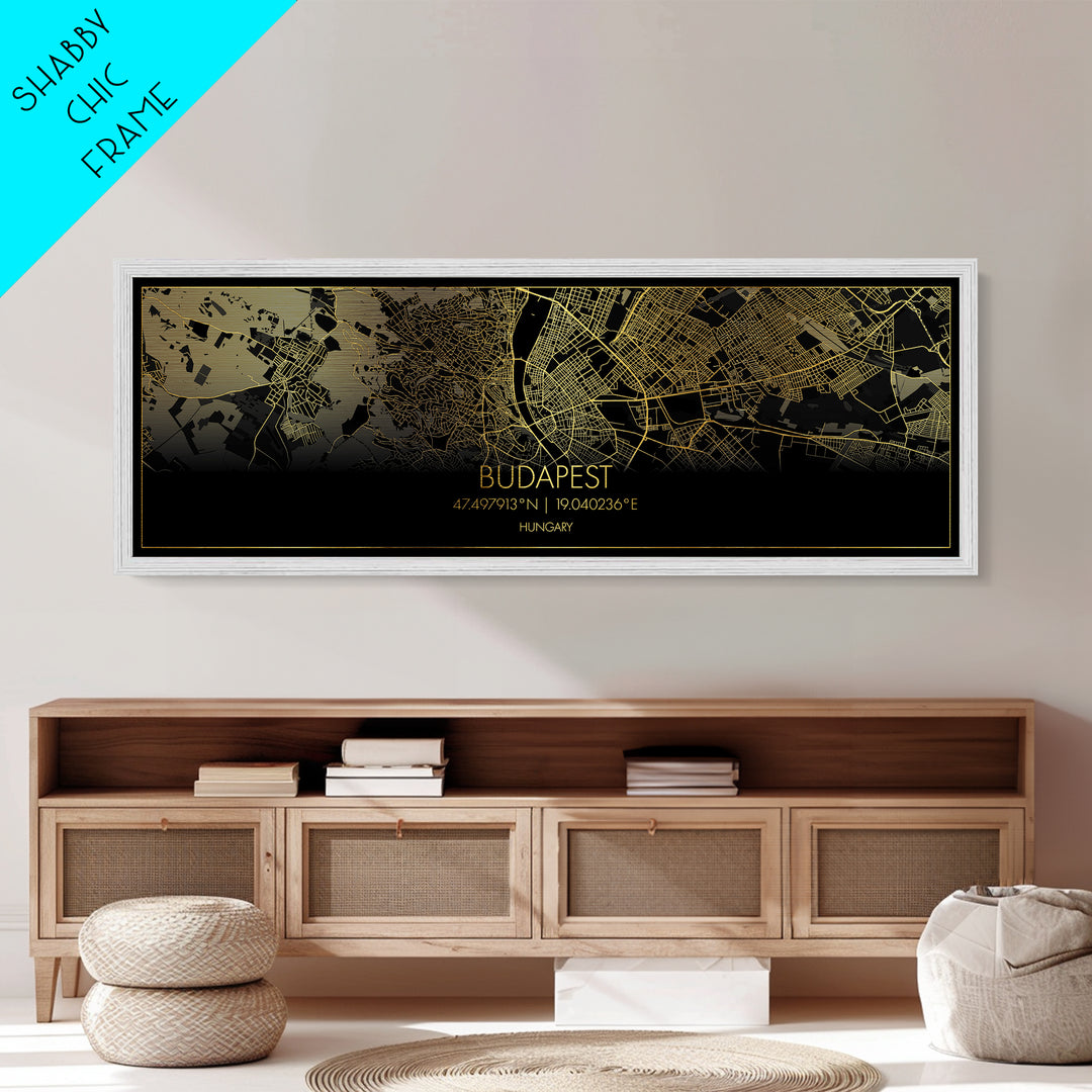Budapest Hungary City street map, Panoramic art, black and gold, Metallic Gold Print, Metal Art, real wood frames, Minimalist Wall Art