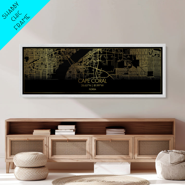Cape Coral Florida City street map, Panoramic art, black and gold, Metallic Gold Print, Metal Art, real wood frames, Housewarming Gift