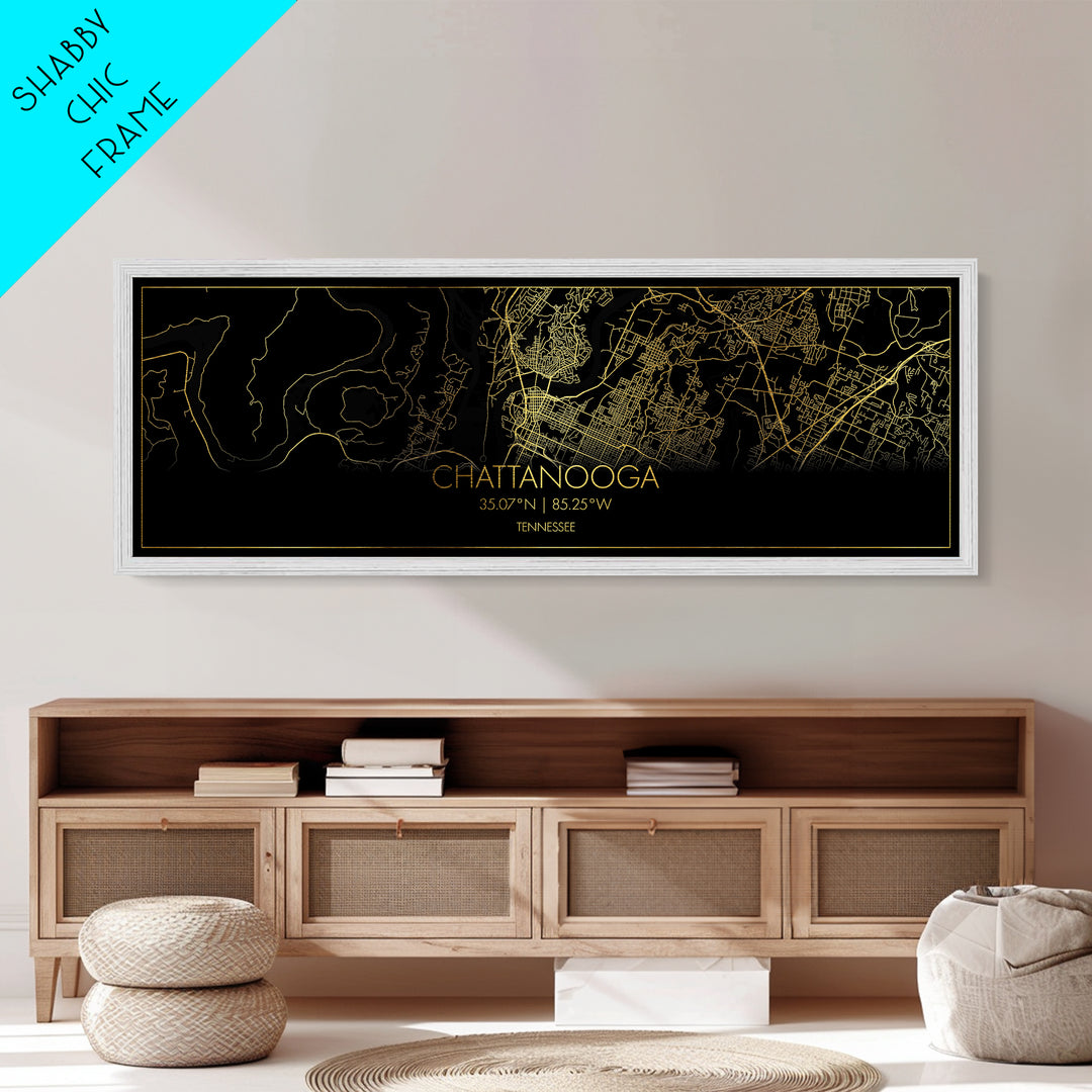 Chattanooga Tennessee City Poster, Panoramic street map, black and gold, Metallic Gold Art, Metal Art, wood framed map, Street Map Art