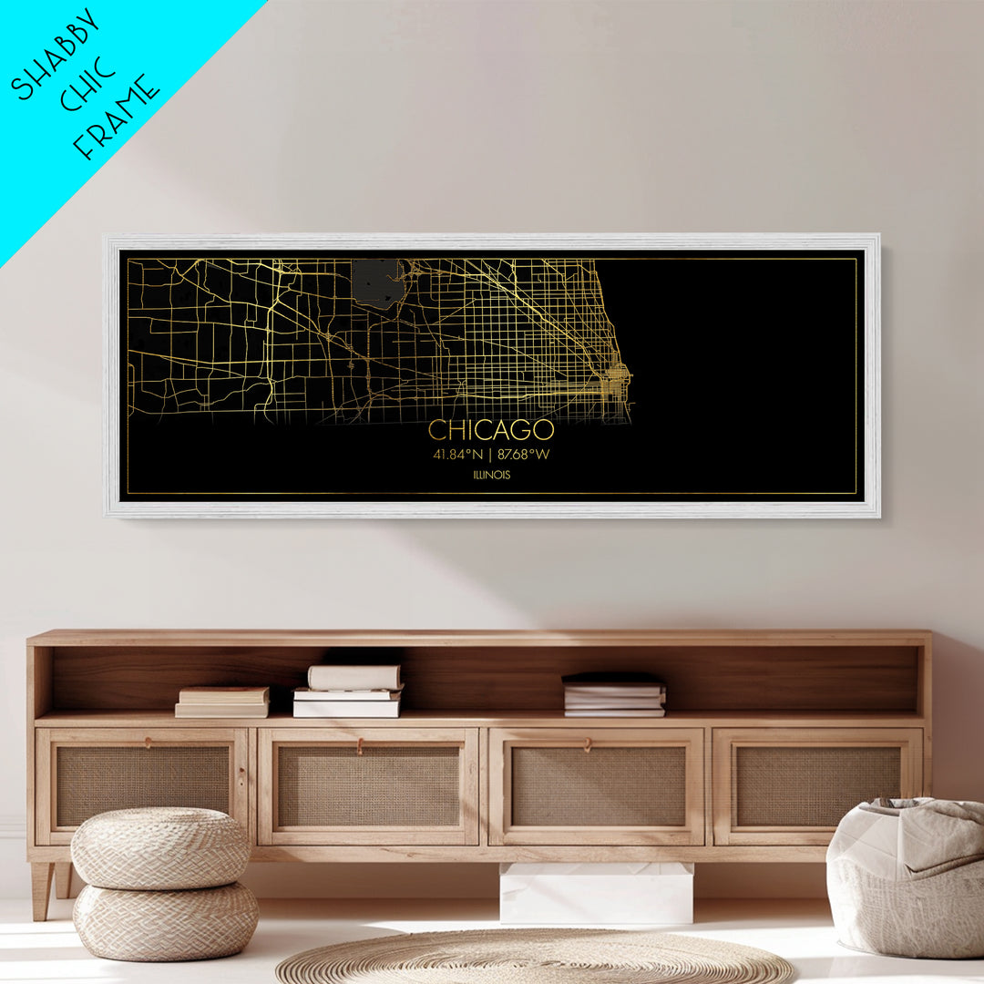 Chicago Illinois City Poster, Panoramic street map, black and gold, Metallic Gold Art, Metal Art, wood framed map, Modern Wall Art