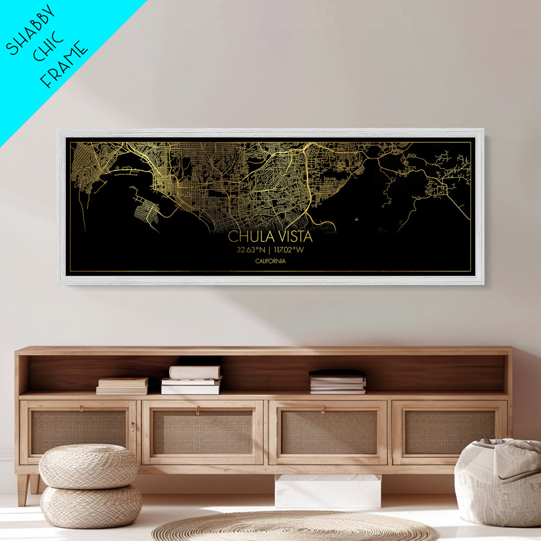 Chula Vista California City street map, Panoramic art, black and gold, Metallic Gold Print, Metal Art, real wood frames, Wall Art, Closing Gift