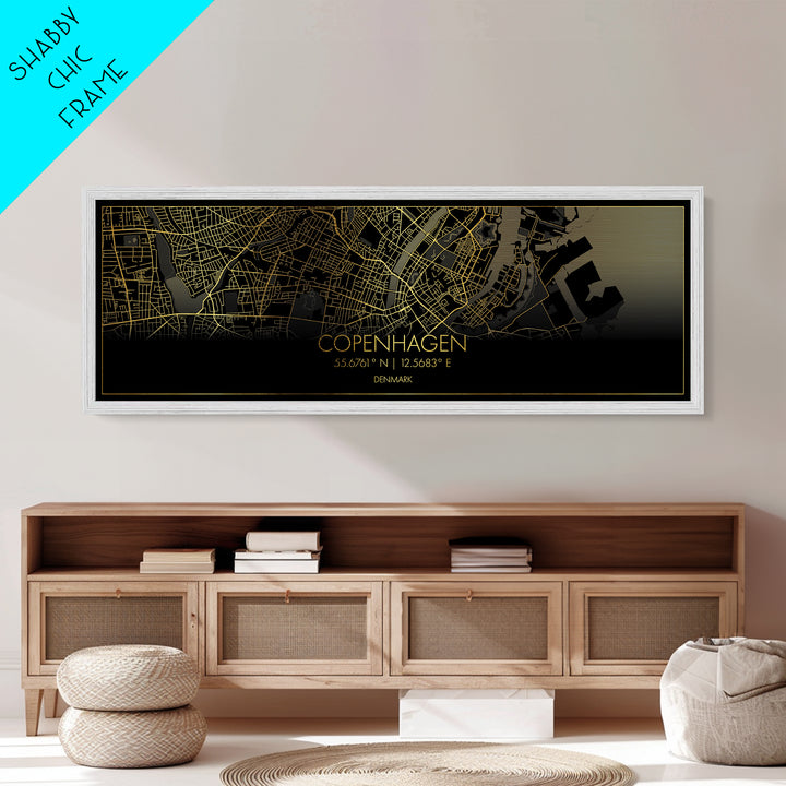 Copenhagen Denmark Poster, Panoramic street map, black and gold, Metallic Gold Art, Metal Art, wood framed map, Street Map Art, Map Print