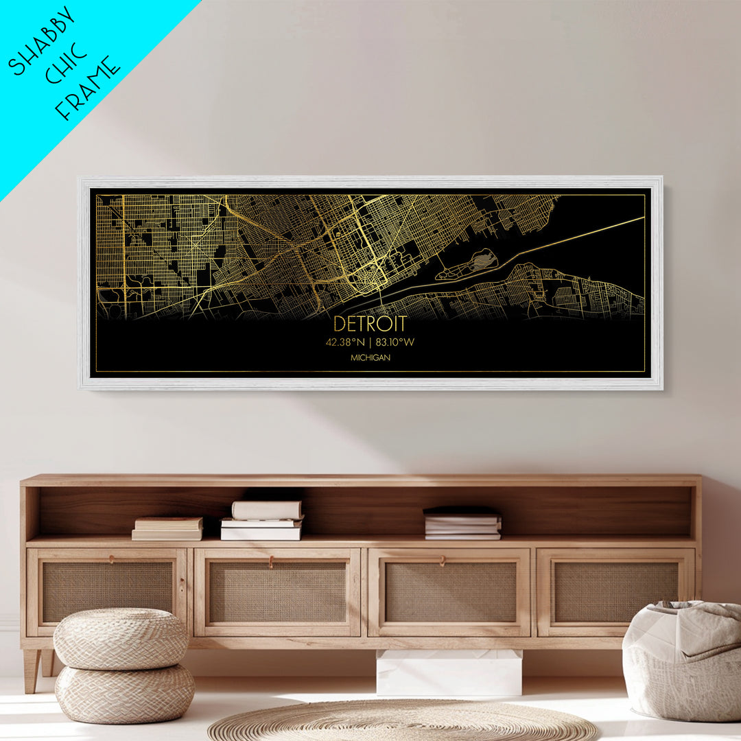 Detroit Michigan City street map, Panoramic art, black and gold, Metallic Gold Print, Metal Art, real wood frames, Minimalist Wall Art