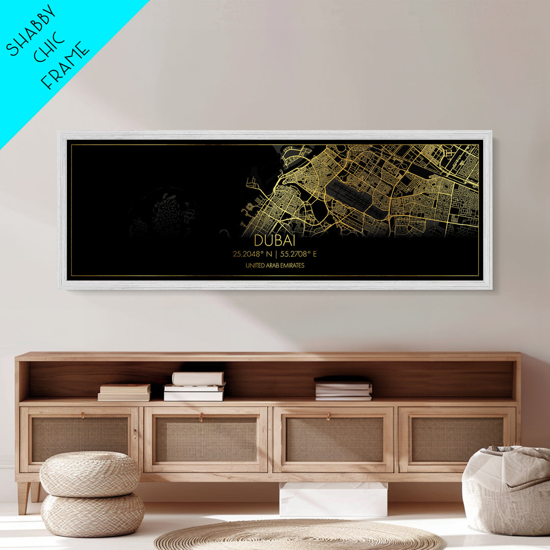 Dubai United Arab Emirates City Poster, Panoramic street map, black and gold, Metallic Gold Art, Metal Art, wood framed map, Modern Wall Art